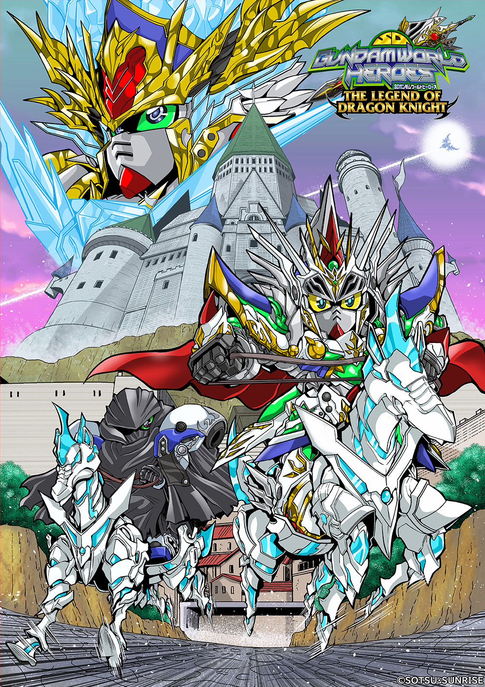 arthur_gundam_mk-iii blue_cape blue_eyes cape colored_sclera green_sclera gundam highres holding holding_weapon knight_strike_gundam looking_at_viewer mecha no_humans official_art open_hand sd_gundam sd_gundam_world_heroes sd_gundam_world_heroes_the_legend_of_dragon_knight solo standing tsushima_naoto v-fin weapon