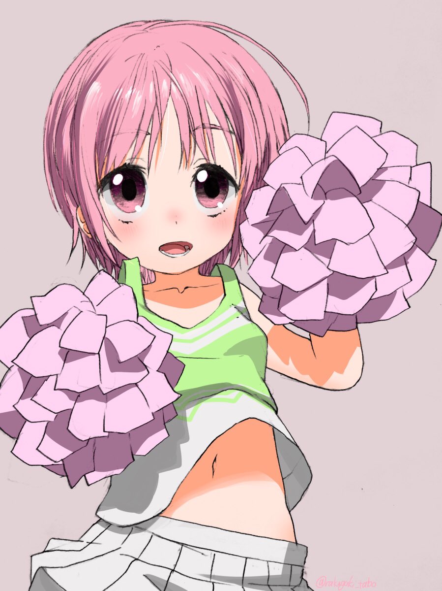 1girl arm_up cheerleader green_shirt grey_background highres miniskirt navel open_mouth pink_eyes pink_hair pom_pom_(cheerleading) shirt short_hair simple_background skirt sleeveless sleeveless_shirt solo toaru_majutsu_no_index tsukuyomi_komoe turbo_engine_(rakugaki_tabo) upper_body white_skirt wind wind_lift