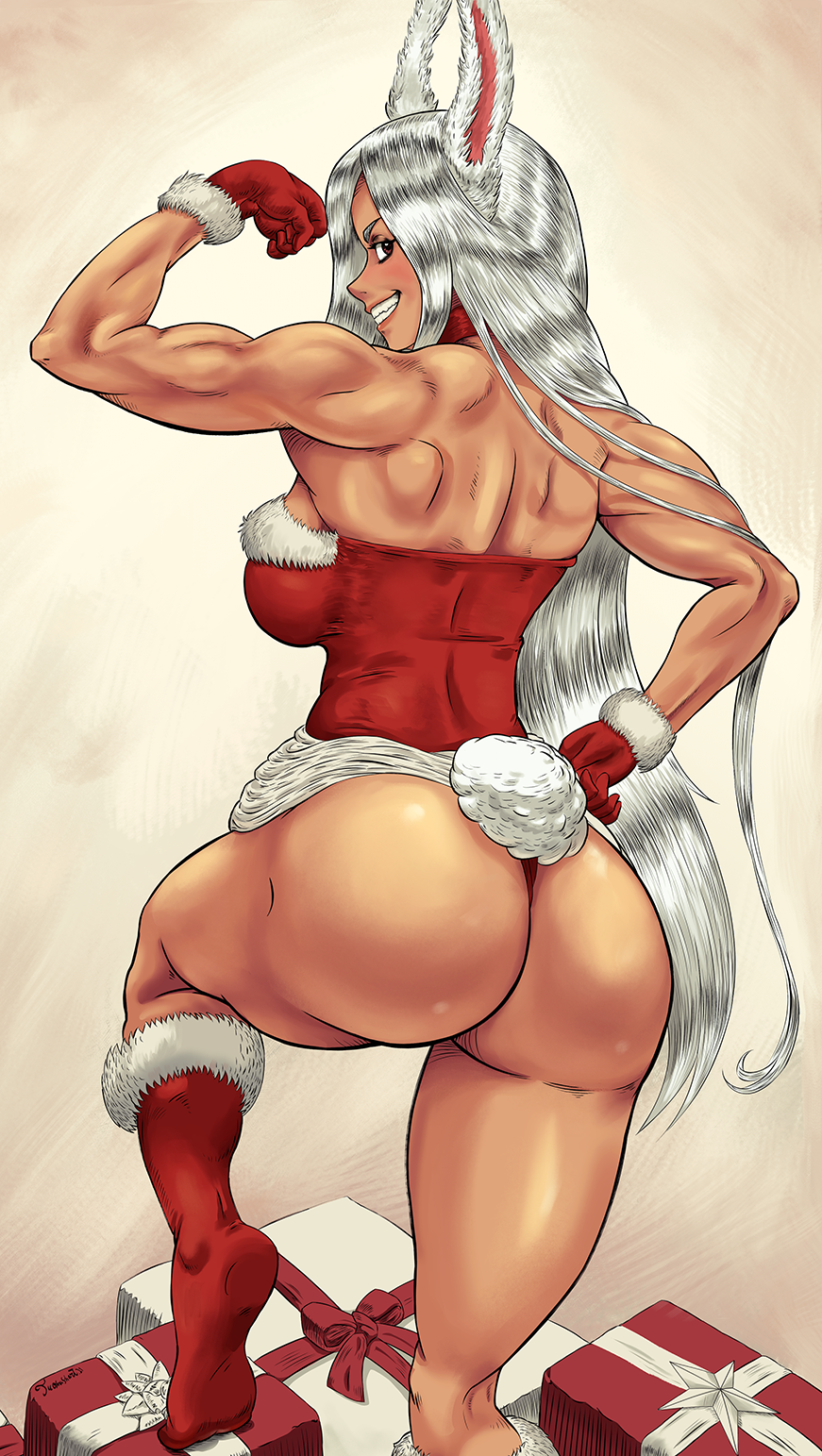 1girl animal_ears ass back boku_no_hero_academia box breasts clenched_hands dark-skinned_female dark_skin fur-trimmed_gloves fur-trimmed_legwear fur_trim gift gift_box gloves hand_on_hip highres large_breasts leg_up long_hair looking_at_viewer looking_back mirko muscular muscular_female playboy_bunny pose profile rabbit_ears rabbit_tail red_gloves red_legwear santa_costume shiny shiny_hair shiny_skin smile socks solo tail teeth thong tuomashart very_long_hair white_hair