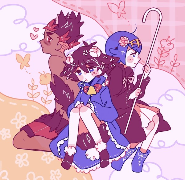 1girl 2boys ash_ketchum bangs blue_eyes blue_hair blush blush_stickers boots bright_pupils brown_hair catsubun_(kkst0904) closed_mouth commentary dark-skinned_male dark_skin flower hair_flower hair_ornament hairband heart holding kiawe_(pokemon) knees_together_feet_apart lana_(pokemon) mouth_hold multicolored_hair multiple_boys no_sclera pokemon pokemon_(anime) pokemon_sm_(anime) red_eyes red_shorts short_hair shorts topless_male two-tone_hair white_pupils yellow_hairband
