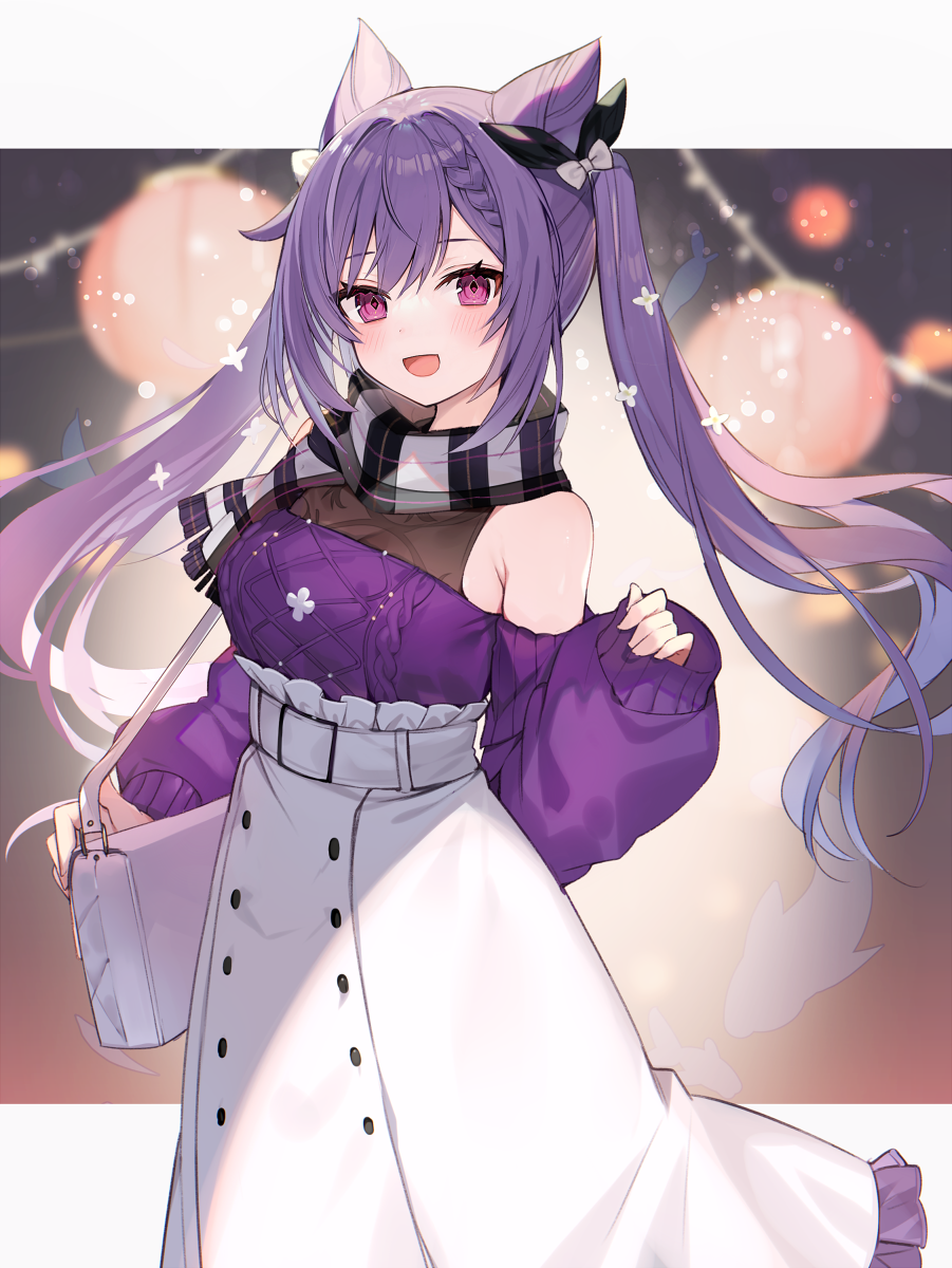 1girl :d aran_sweater bag bangs banned_artist bare_shoulders blush commentary_request genshin_impact hair_cones high-waist_skirt highres keqing_(genshin_impact) long_hair long_sleeves looking_at_viewer muryotaro off-shoulder_sweater off_shoulder plaid plaid_scarf purple_hair purple_sweater scarf skirt sleeves_past_wrists smile solo sweater twintails violet_eyes