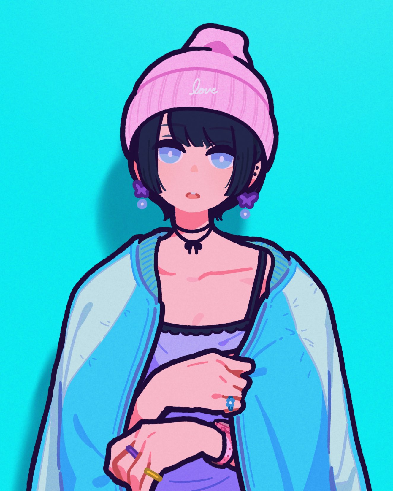 1girl aqua_background bangs beanie black_hair blanket blue_eyes bright_pupils camisole earrings hat highres jewelry looking_at_viewer open_mouth original pink_headwear purple_camisole ring shadow short_hair simple_background solo upper_body watch watch white_pupils yoshi_mi_yoshi