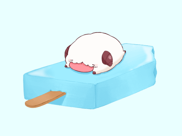 7mb_yut :p blue_background chibi closed_eyes commentary food horns league_of_legends lying no_humans on_stomach popsicle popsicle_stick poro_(league_of_legends) simple_background tongue tongue_out