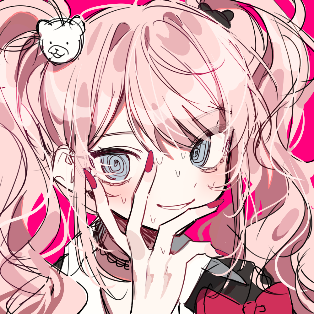 1girl bangs black_choker blonde_hair blue_eyes bow brown_background choker commentary_request crazy_eyes danganronpa:_trigger_happy_havoc danganronpa_(series) enoshima_junko hair_ornament hand_up long_hair messy_hair patzzi pink_background portrait red_bow sketch smile solo sweat twintails v_over_eye