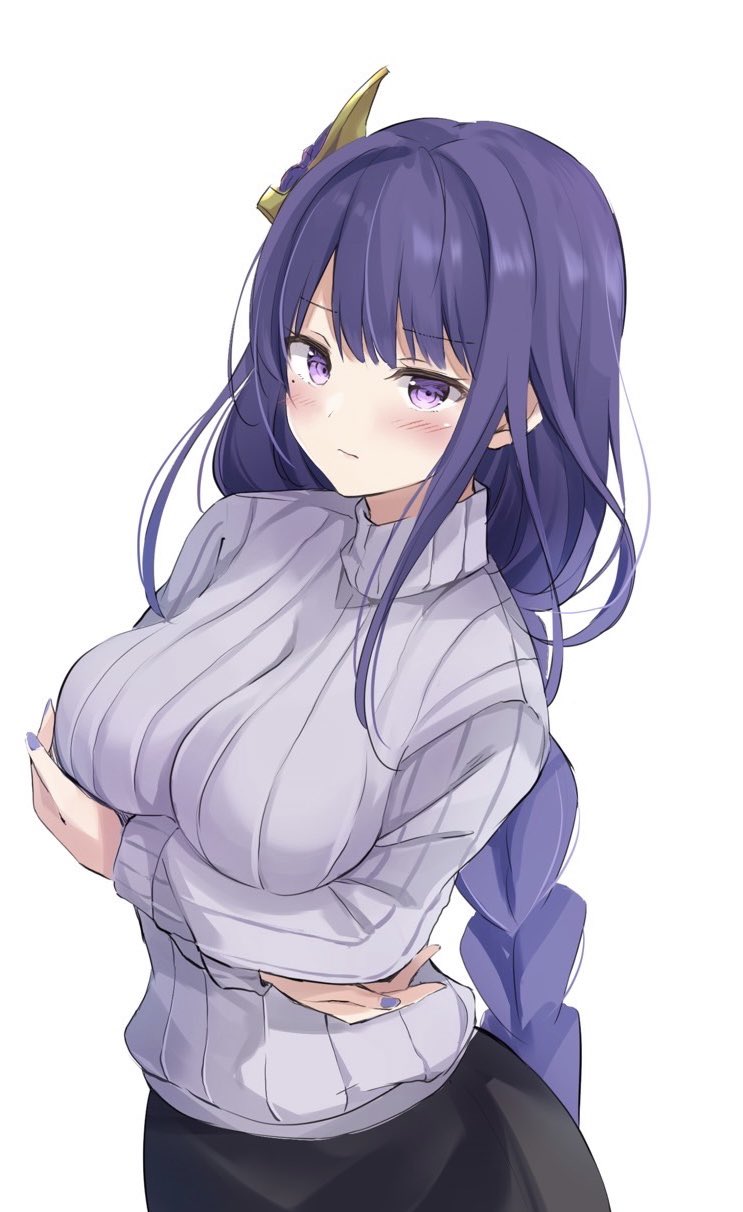 1girl :| bangs black_skirt blush braid braided_ponytail breast_hold breasts closed_mouth commentary_request crossed_arms eyelashes genshin_impact grey_sweater hair_ornament highres hyurasan large_breasts lips long_hair long_sleeves mole mole_under_eye purple_hair raiden_shogun ribbed_sweater sidelocks simple_background skirt solo standing sweater turtleneck upper_body violet_eyes white_background