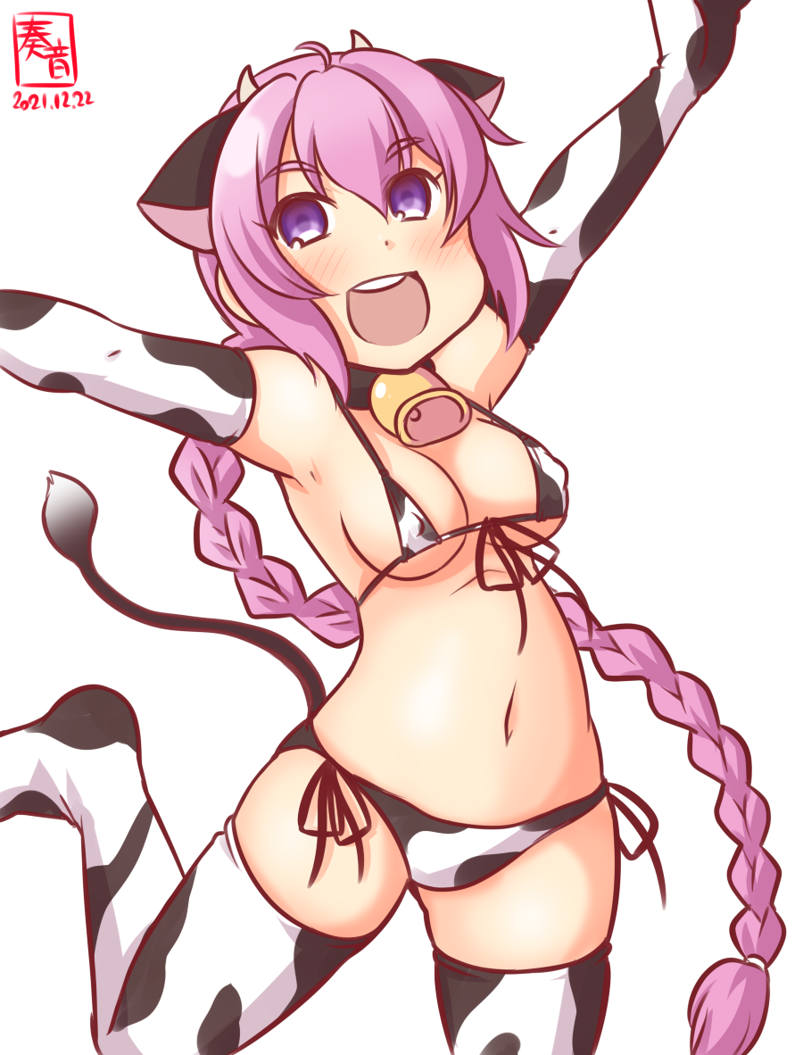 1girl alternate_costume animal_ears animal_print artist_logo bell bikini braid breasts covered_nipples cow_ears cow_girl cow_horns cow_print cow_tail cowbell dated elbow_gloves gloves horns kanon_(kurogane_knights) kantai_collection large_breasts long_hair navel neck_bell nenohi_(kancolle) one-hour_drawing_challenge open_mouth pink_hair print_bikini print_gloves print_legwear simple_background single_braid smile solo swimsuit tail thigh-highs violet_eyes white_background