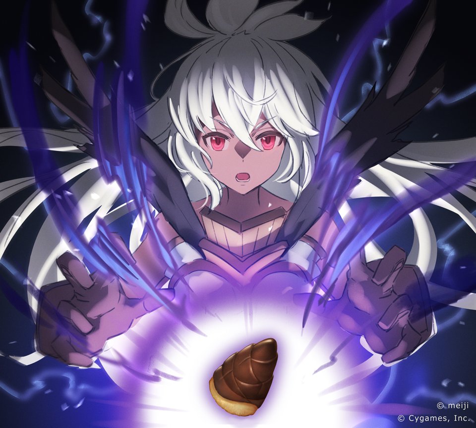 1girl antenna_hair armor bangs breastplate brown_gloves claw_pose commentary_request copyright dark-skinned_female dark_skin electricity gloves granblue_fantasy long_hair looking_at_viewer meiji_(brand) official_art open_mouth red_eyes solo takenoko_no_sato_(food) upper_body v-shaped_eyebrows white_background zooey_(granblue_fantasy)