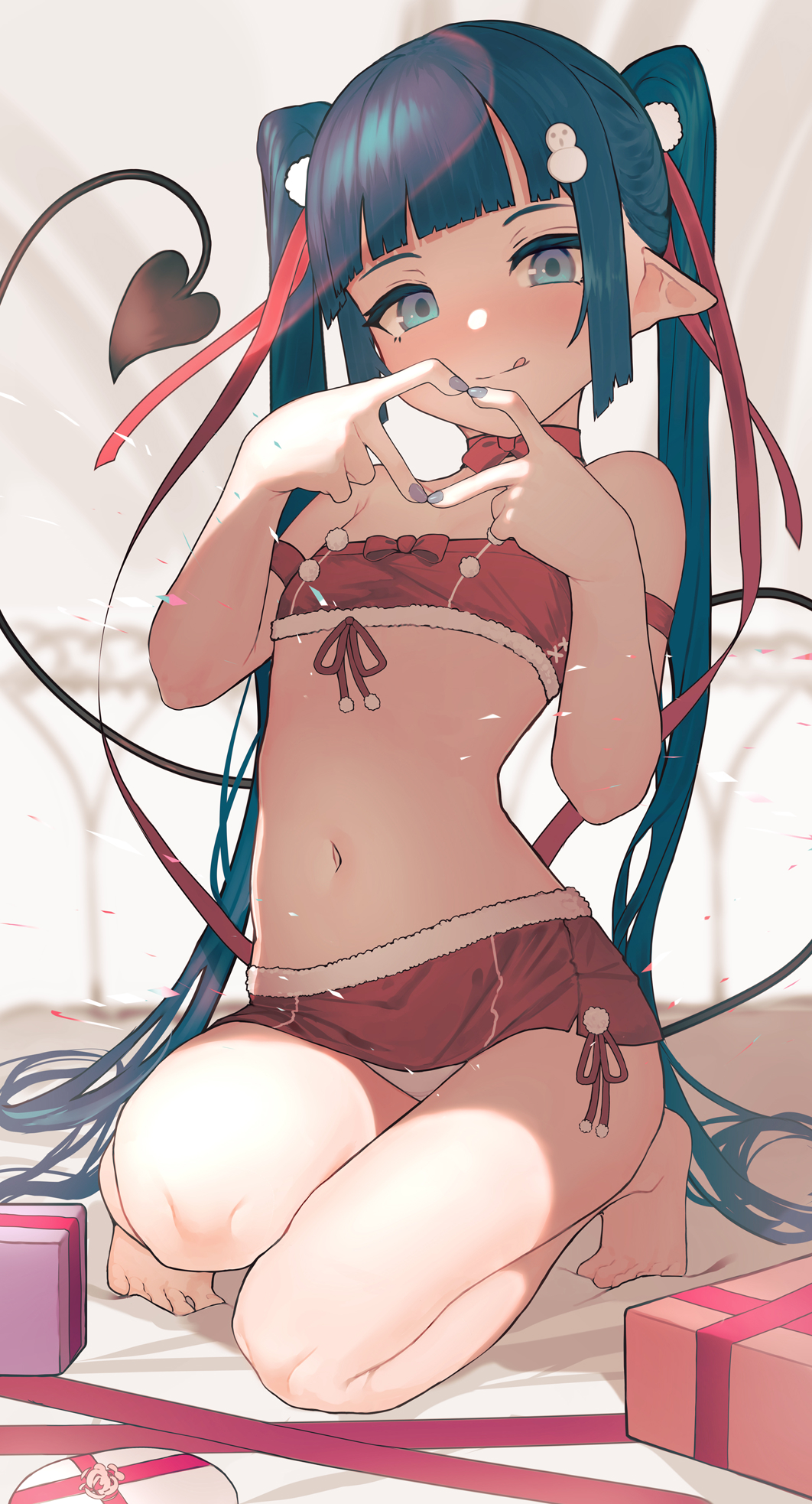 1girl :q bangs barefoot blue_eyes blue_hair blue_nails blunt_bangs box christmas commentary_request demon_girl demon_tail fingernails flat_chest gift gift_box hair_ornament heart heart_hands highres long_hair looking_at_viewer madana_(xesa7885) midriff nail_polish navel original pointy_ears red_shorts short_shorts shorts snowman_hair_ornament solo squatting tail thighs toes tongue tongue_out twintails very_long_hair