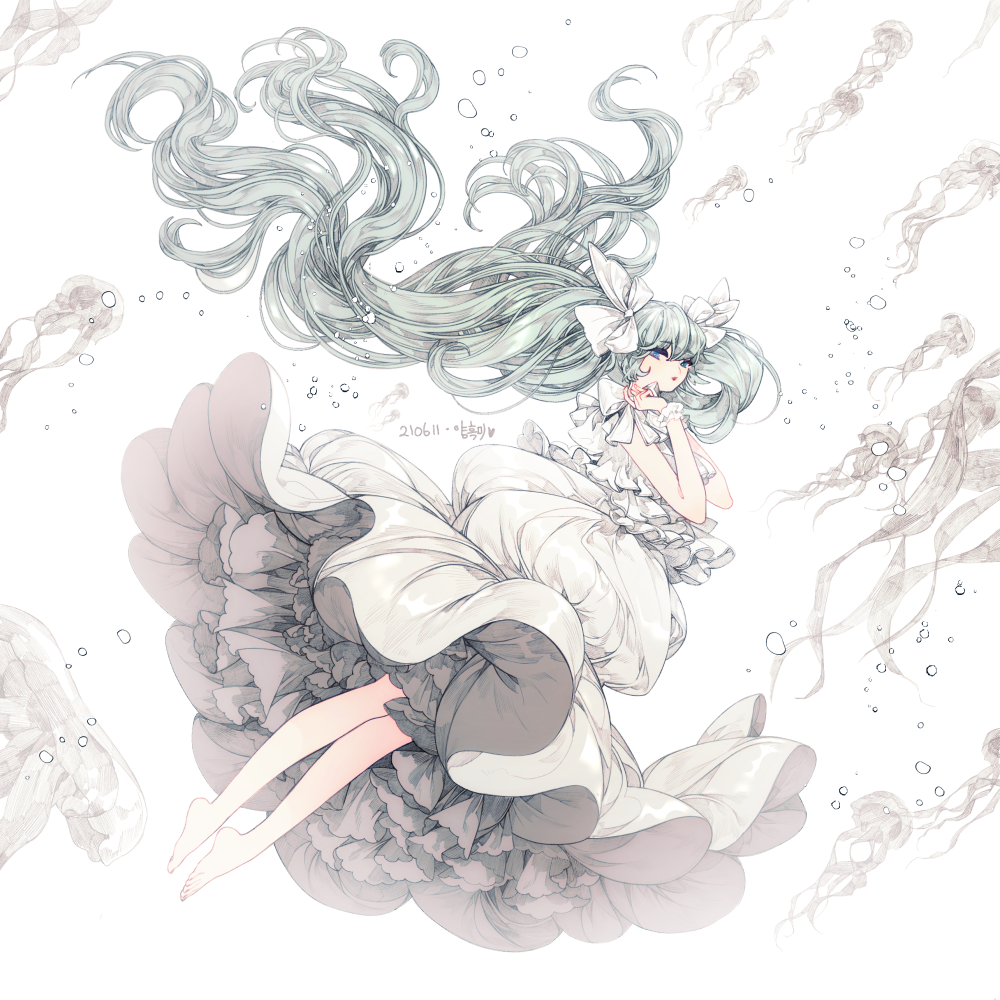 1girl air_bubble animal bangs bare_legs barefoot blue_eyes bow bubble dress floating_hair from_side full_body green_hair hair_bow hands_up hatsune_miku jellyfish lemon89h long_hair looking_at_viewer petticoat puckered_lips simple_background sleeveless sleeveless_dress solo submerged twintails underwater very_long_hair vocaloid white_background white_bow white_dress wrist_cuffs