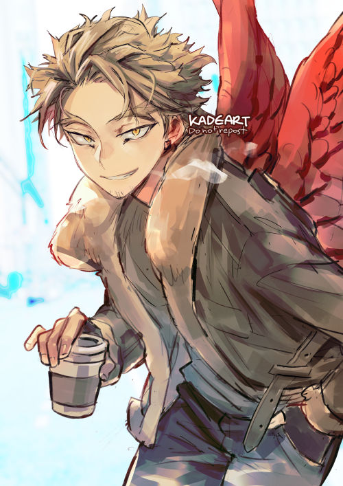 1boy :d artist_name bangs blue_pants boku_no_hero_academia breath clenched_teeth commentary_request cowboy_shot cup denim disposable_cup earrings facial_hair feathered_wings forehead fur_trim goatee green_jacket hand_in_pocket hawks_(boku_no_hero_academia) holding holding_cup jacket jeans jewelry kadeart large_wings leaning_forward looking_at_viewer male_focus open_mouth pants parted_bangs platinum_blonde_hair red_wings short_hair simple_background smile solo spiky_hair stubble teeth thick_eyebrows wings yellow_eyes