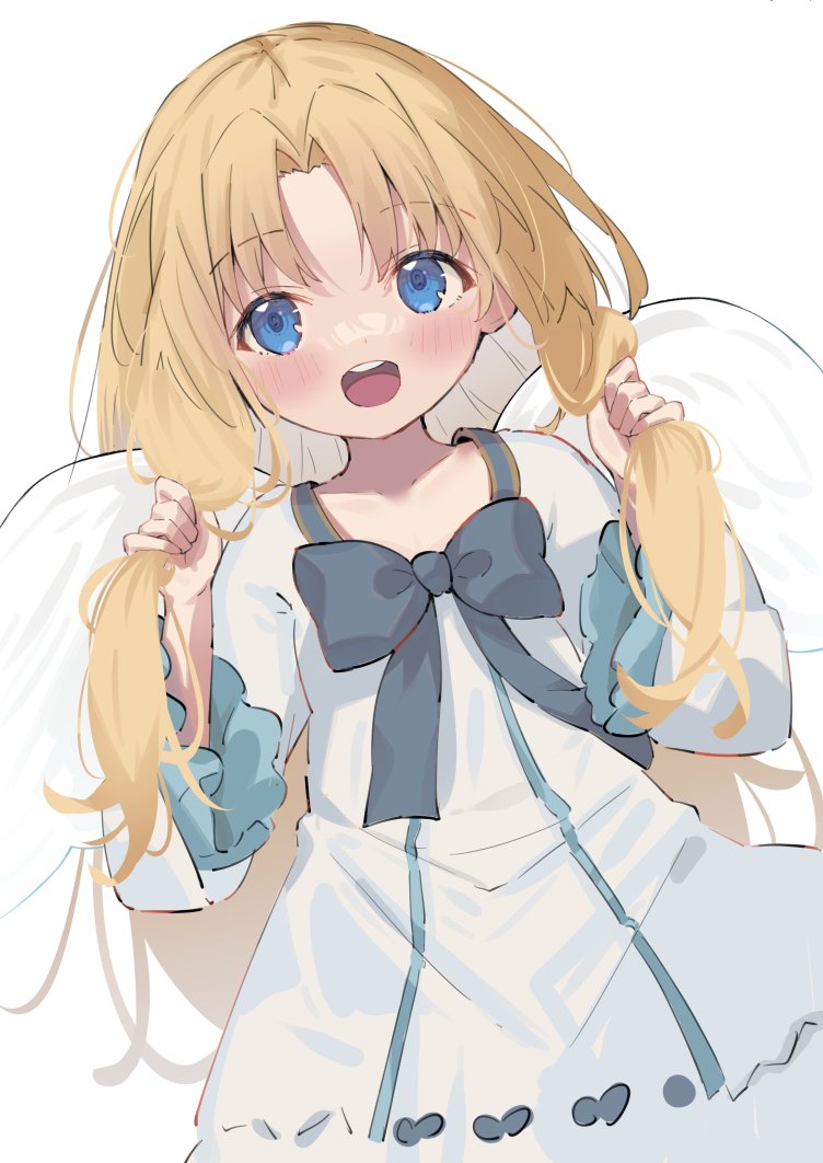 1girl angel_wings bangs blonde_hair blue_bow blue_eyes blue_neckwear blush bow dress eip_(pepai) frilled_sleeves frills happy holding holding_hair long_hair long_sleeves looking_at_viewer original parted_bangs smile solo straight_hair upper_body white_background wings