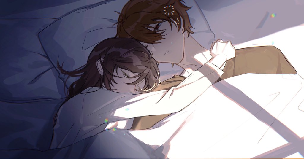 1boy 1girl bangs bed bed_sheet brown_hair brown_shirt buoyancy03 closed_eyes closed_mouth hug long_hair long_sleeves luke_pearce_(tears_of_themis) lying on_back on_side pajamas pillow rosa_(tears_of_themis) shirt short_hair sleeping tears_of_themis white_shirt