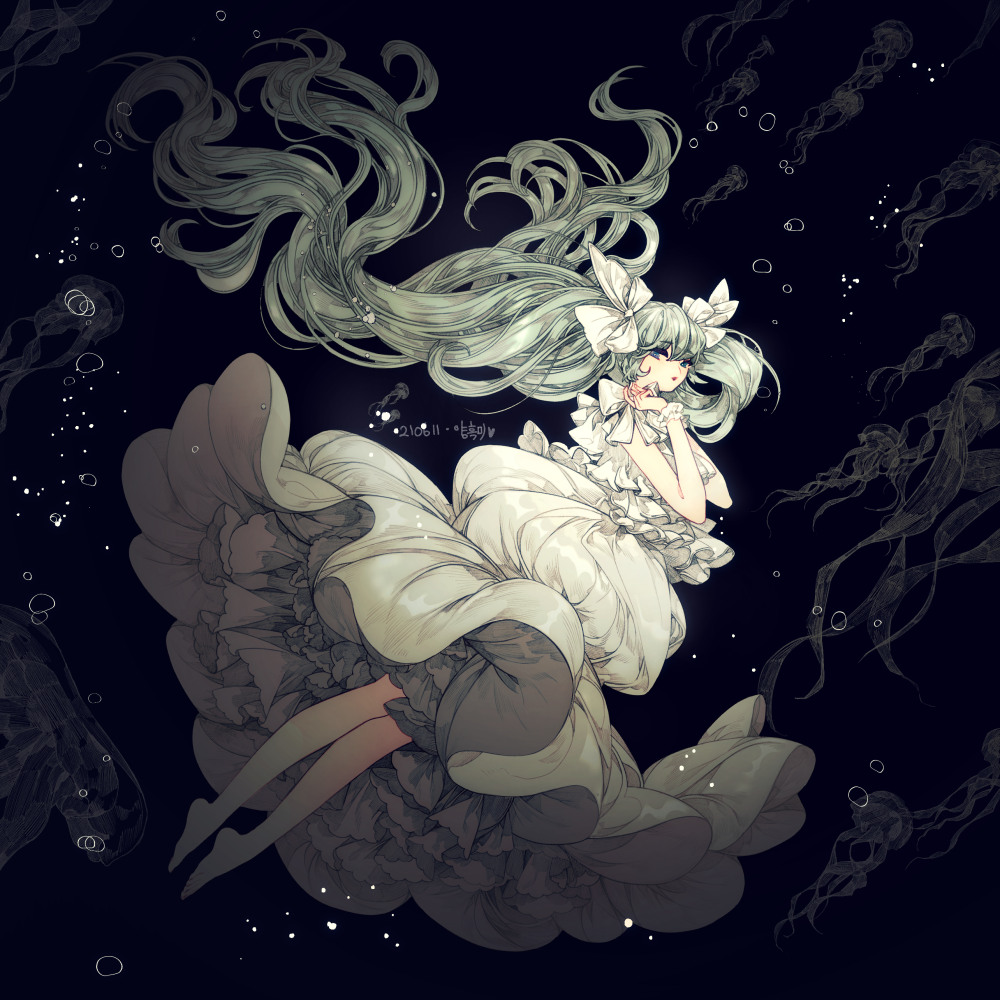 1girl air_bubble animal bangs bare_legs barefoot black_background blue_eyes bow bubble dress floating_hair from_side full_body green_hair hair_bow hands_up hatsune_miku jellyfish lemon89h long_hair looking_at_viewer petticoat puckered_lips simple_background sleeveless sleeveless_dress solo submerged twintails underwater very_long_hair vocaloid white_bow white_dress wrist_cuffs