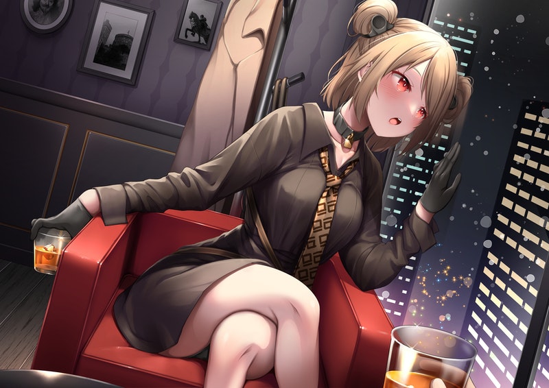 1girl alcohol black_gloves blush breasts collared_shirt commission couch crossed_legs double_bun girls_frontline glass gloves light_brown_hair looking_away medium_breasts necktie p90_(girls'_frontline) partially_unbuttoned partially_undressed pov red_eyes shirt short_hair skeb_commission solo_focus yaosera
