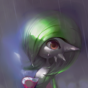1girl bangs bob_cut closed_mouth colored_skin commentary_request crying flat_chest gardevoir green_hair green_skin grey_background hair_over_one_eye looking_at_viewer lowres multicolored_skin one_eye_covered outdoors oyama_yoihaya pokemon pokemon_(creature) rain red_eyes sad shiny shiny_hair short_hair simple_background solo tears two-tone_skin upper_body wet wet_hair white_skin