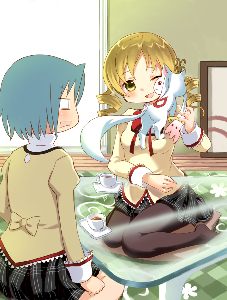 1other 2girls :3 back back_bow bangs beige_vest blonde_hair blue_hair blush bow bowtie commentary_request cup drill_hair ears eyebrows_visible_through_hair flat_color from_behind grey_legwear hair_between_eyes hair_ornament indoors kyubey long_sleeves m-eine mahou_shoujo_madoka_magica miki_sayaka mitakihara_school_uniform multiple_girls open_mouth pantyhose pleated_skirt puffy_long_sleeves puffy_sleeves red_bow red_eyes saucer school_uniform seiza shiny shiny_hair shirt short_hair sitting skirt sleeve_cuffs smile tail tareme tea teacup tomoe_mami twin_drills vest white_shirt window wooden_floor yellow_eyes