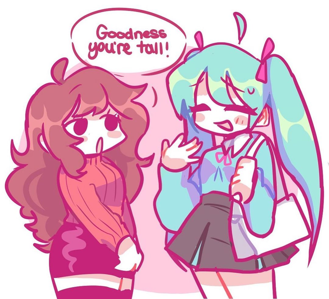 2girls alternate_costume black_eyes black_skirt blue_hair brown_hair closed_eyes crossover english_commentary english_text friday_night_funkin' girlfriend_(friday_night_funkin') hatsune_miku long_hair long_sleeves multiple_girls purse skirt speech_bubble standing sweater twintails viuwus vocaloid