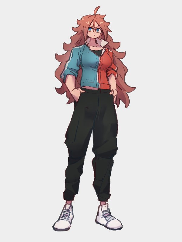 1girl :o adapted_costume ahoge android_21 black_pants blue_eyes blue_jacket dragon_ball dragon_ball_fighterz earrings full_body glasses grey_background hoop_earrings jacket jewelry kemachiku long_hair looking_at_viewer multicolored_clothes multicolored_jacket pants raglan_sleeves red_jacket redhead shoes simple_background solo standing two-tone_jacket white_footwear