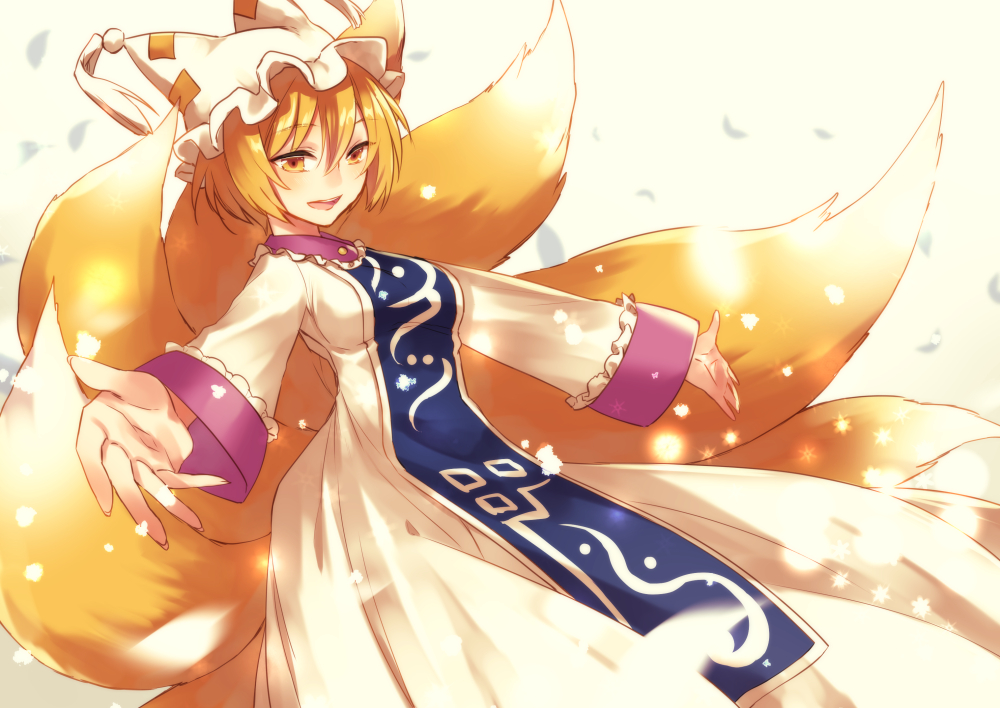 1girl animal_ears bangs blonde_hair blue_eyes blush breasts brooch collar commentary_request dress eyebrows_visible_through_hair fluffy fox_tail frilled_collar frilled_sleeves frills full_body glowing hair_between_eyes hands_up hat jewelry kirisita kitsune large_breasts light light_particles long_sleeves looking_at_viewer multiple_tails ofuda one-hour_drawing_challenge open_mouth outstretched_arms outstretched_hand pillow_hat short_hair sidelocks solo tabard tail tassel teeth tongue touhou upper_teeth white_dress white_headwear wide_sleeves yakumo_ran