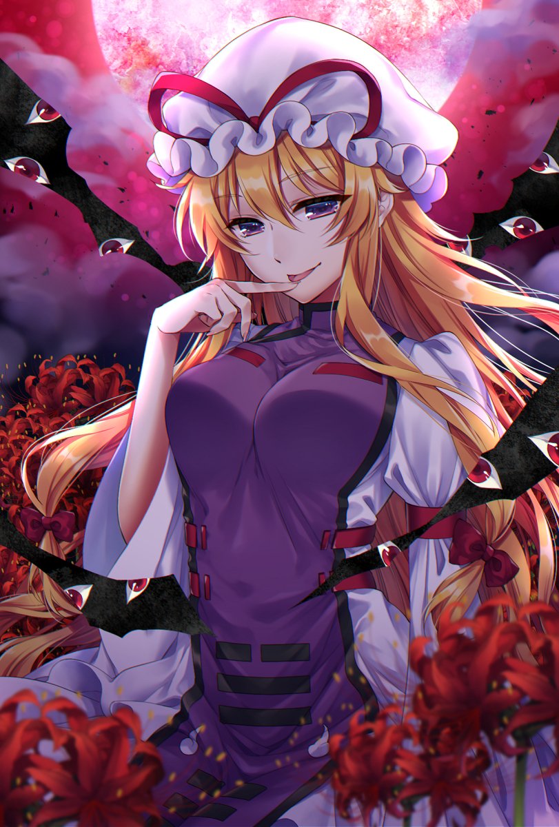 1girl arm_at_side arm_up bangs blonde_hair blush bow breasts clouds cloudy_sky commentary_request dress flower frilled_dress frills full_moon gap_(touhou) hair_ribbon hat hat_ribbon highres kirisita large_breasts long_hair long_sleeves looking_at_viewer mob_cap moon red_bow red_moon red_ribbon ribbon sidelocks sky solo spider_lily standing tabard tongue tongue_out touhou tress_ribbon trigram upper_body violet_eyes white_dress white_headwear wide_sleeves yakumo_yukari