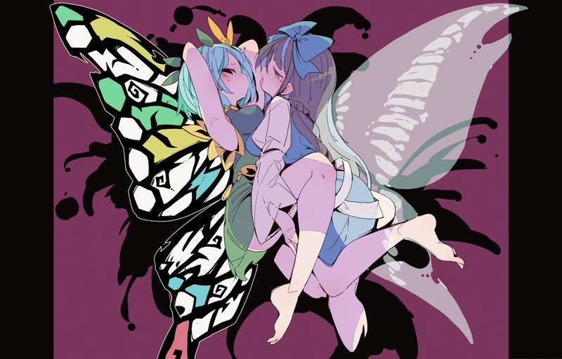 2girls antennae aqua_hair barefoot black_eyes black_hair blue_bow blue_dress blush bow brown_eyes butterfly_wings commission dress eternity_larva fairy fairy_wings green_dress hair_bow leaf leaf_on_head licking licking_arm long_hair long_sleeves massakasama multicolored_clothes multicolored_dress multiple_girls shirt short_hair short_sleeves single_strap skeb_commission star_sapphire tongue tongue_out touhou white_shirt wings yuri