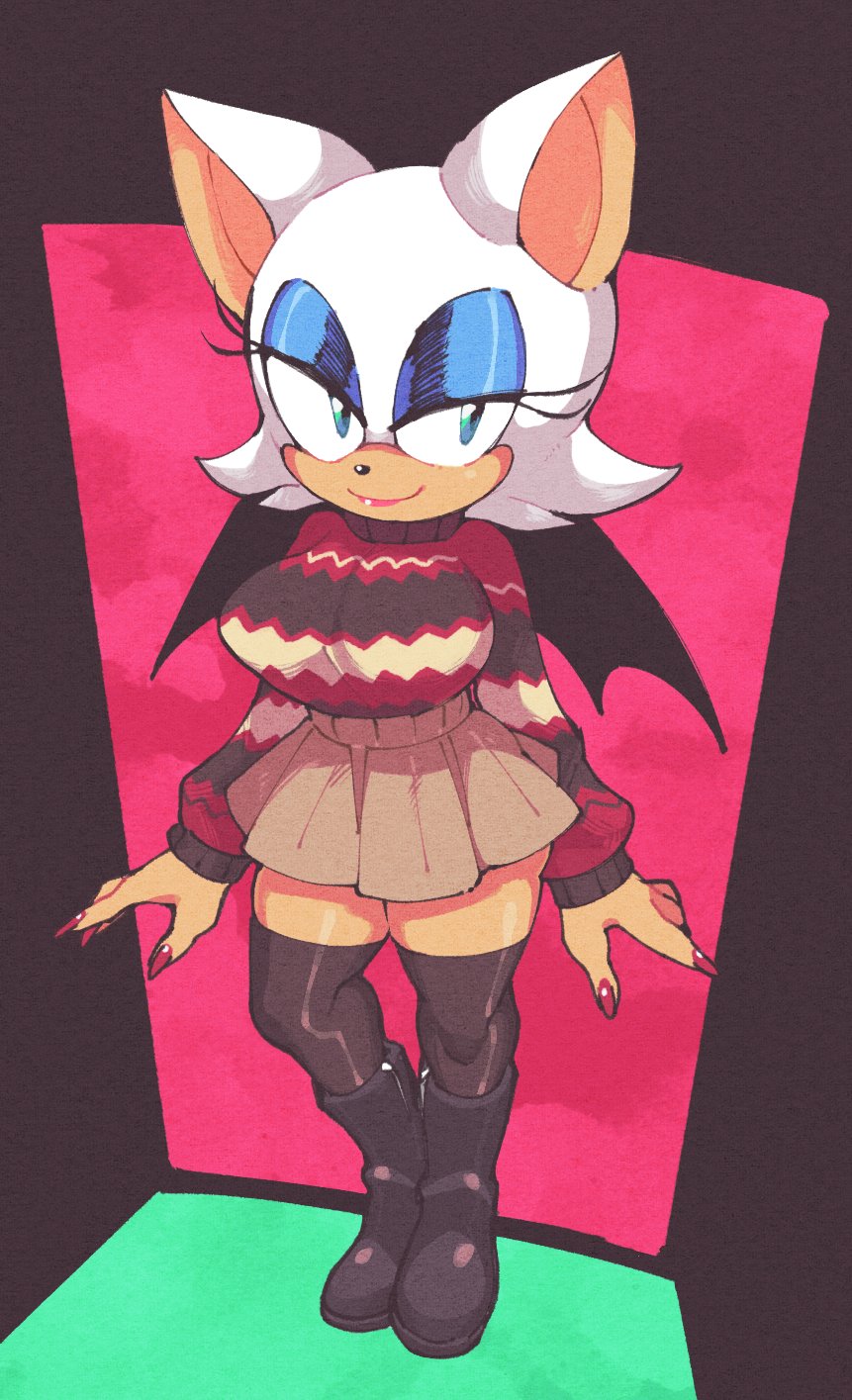 1girl alternate_costume animal_ears bat_ears bat_girl black_footwear black_legwear boots furry furry_female highres inkerton-kun looking_at_viewer miniskirt nail_polish rouge_the_bat skirt solo sonic_(series) sweater thigh-highs turtleneck turtleneck_sweater white_fur