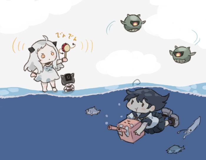 2girls adapted_turret black_hair black_sailor_collar black_skirt cannon character_request commentary_request kantai_collection long_hair multiple_girls northern_ocean_princess partially_underwater_shot saiguchi_otoufu sailor_collar school_uniform serafuku simple_background skirt swimming turret ushio_(kancolle) white_background