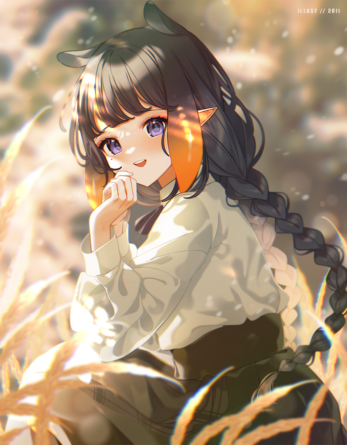 1girl 2nii animal_ears black_hair braid crops hand_on_own_cheek hand_on_own_face hands hands_up hololive hololive_english looking_to_the_side loose_clothes multicolored_hair nature ninomae_ina'nis open_mouth orange_hair outdoors puffy_sleeves skirt smile teeth twin_braids violet_eyes