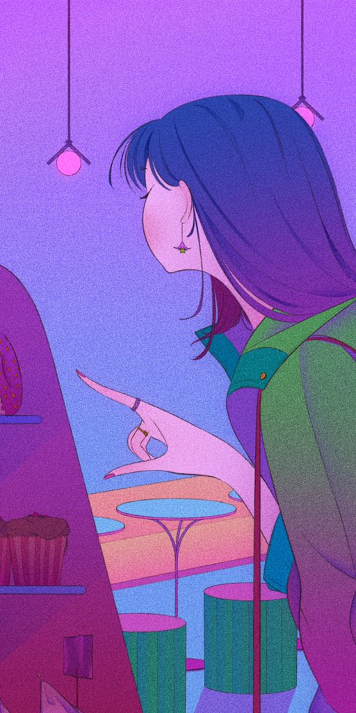 1girl black_hair blue_background blush coat earrings food from_side gradient gradient_background green_coat index_finger_raised jewelry long_hair original purple_background rasukusekai ring shelf solo table