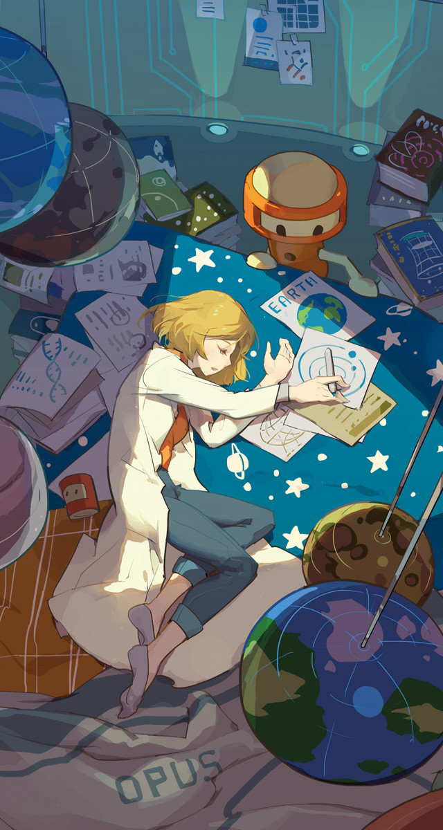 1girl 1other blonde_hair book coat denim dna earth_(planet) highres holding holding_pen jeans long_sleeves lying mercury_(planet) neptune_(planet) on_side orange_shirt original pants parted_lips pen pile_of_books planet planetarium robot scientist shirt short_hair sleeping socks tennohi white_coat