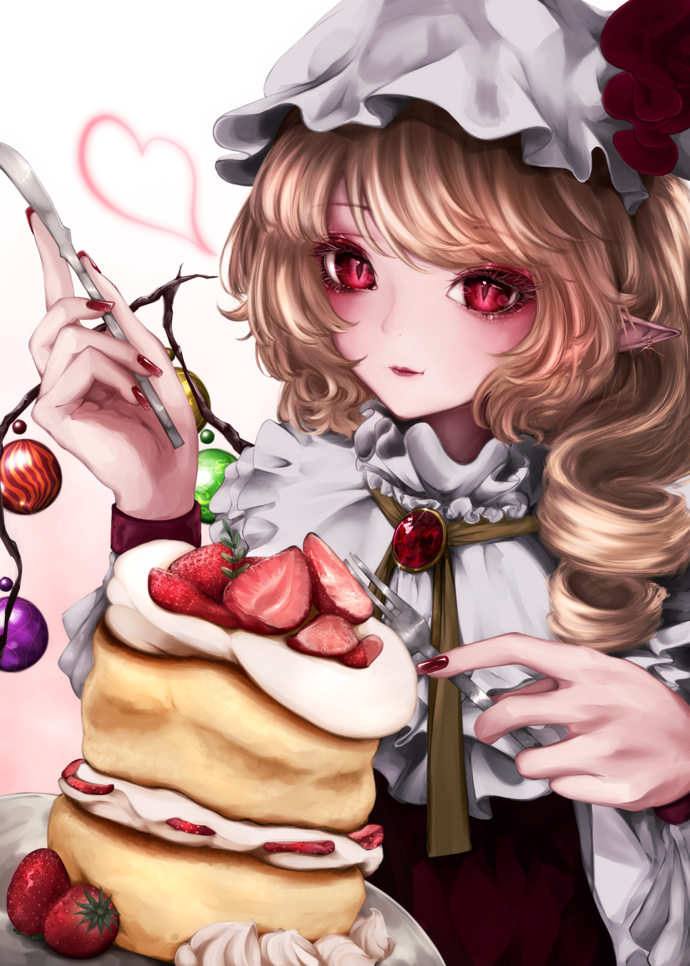 1girl bangs blonde_hair brooch cake drill_hair eating flandre_scarlet food glint hat heart highres jewelry light_smile looking_at_viewer mizuhichi mob_cap pointy_ears red_eyes short_hair simple_background solo swept_bangs touhou white_background
