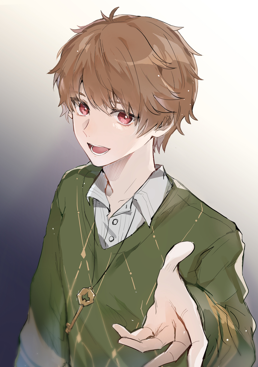1boy :d amemokuri bangs brown_eyes brown_hair green_sweater highres jewelry key long_sleeves looking_at_viewer luke_pearce_(tears_of_themis) necklace open_mouth outstretched_arm polo_shirt shirt short_hair smile solo sweater tears_of_themis white_shirt