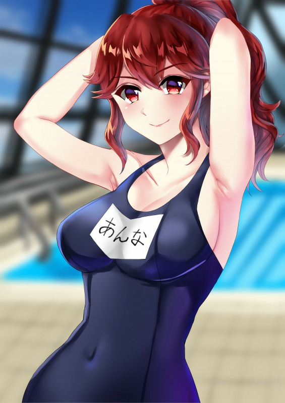 1girl alternate_costume anna_(fire_emblem) armpits arms_behind_head arms_up bangs blue_swimsuit blurry blurry_background blush breasts closed_mouth collarbone commentary_request covered_navel eyebrows_visible_through_hair fire_emblem hair_between_eyes indoors large_breasts long_hair looking_at_viewer one-piece_swimsuit ponytail pool red_eyes redhead rei_no_pool school_swimsuit sideboob sidelocks smile solo swimsuit tara_(szzj7733) upper_body