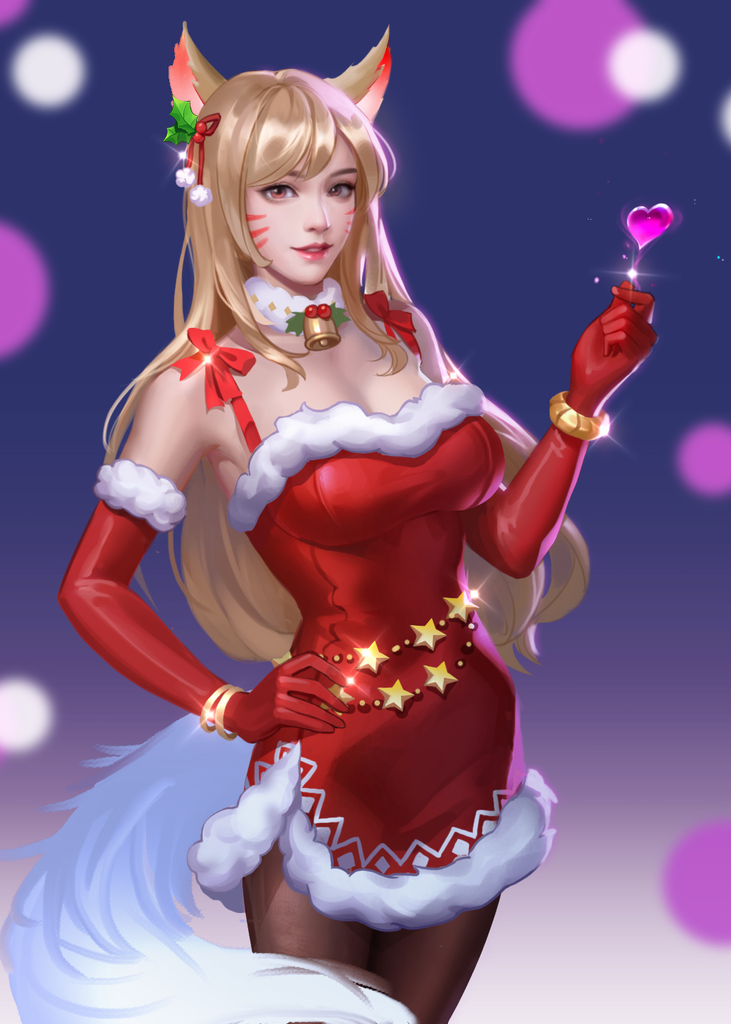 1girl ahri_(league_of_legends) animal_ears bell blonde_hair christmas detached_sleeves dress felka highres league_of_legends long_hair neck_bell red_dress simple_background tail