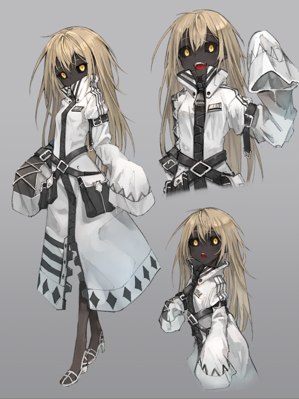 1girl belt belt_pouch black_belt black_sclera black_skin blonde_hair character_sheet coat colored_sclera colored_skin commentary covered_mouth cross-laced_sleeves eyebrows_visible_through_hair hair_between_eyes hand_up high_collar highres kajaneko long_hair long_sleeves looking_at_viewer looking_to_the_side open_mouth original pouch sandals sharp_teeth sleeve_garter sleeves_past_fingers sleeves_past_wrists slit_pupils smile teeth very_long_hair white_coat wide_sleeves yellow_eyes zipper zipper_pull_tab
