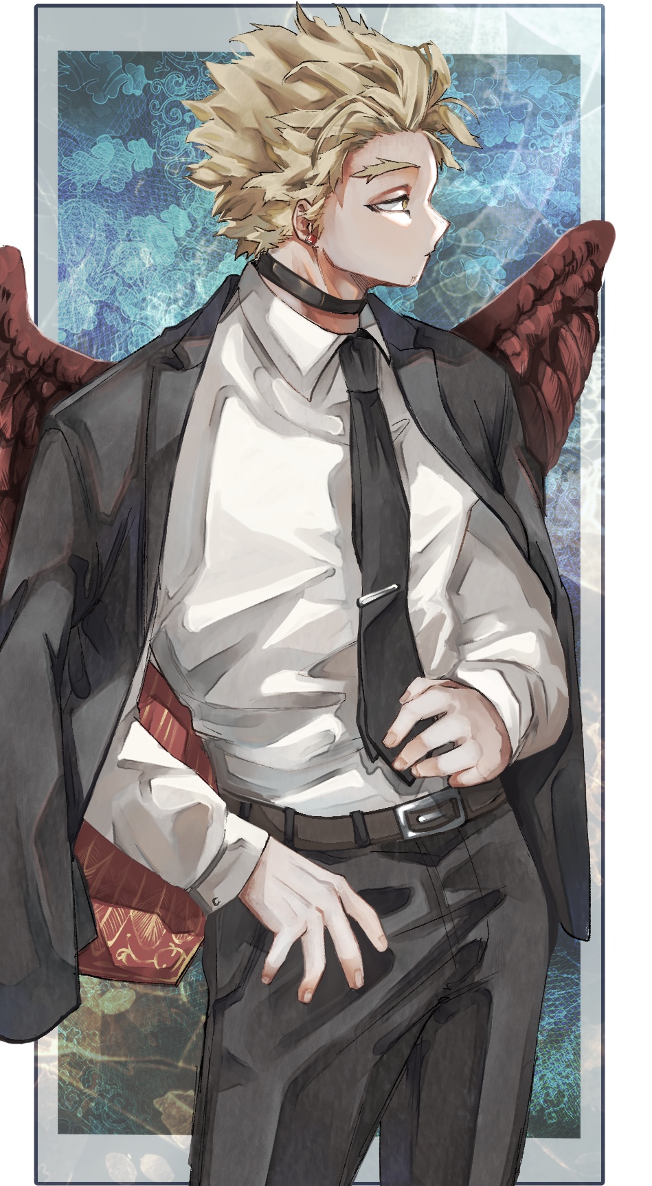 barururunru belt black_pants blonde_hair boku_no_hero_academia brown_belt choker collared_shirt eyebrows facial_hair feathered_wings hawks_(boku_no_hero_academia) highres jacket_lining leaning_to_the_side looking_to_the_side necktie pants red_wings shirt short_hair suit_jacket tie_clip wings