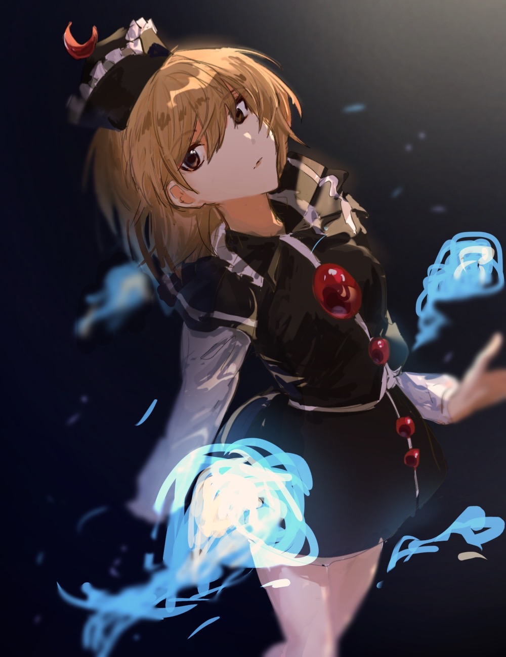 1girl black_background black_dress black_headwear black_skirt blonde_hair breasts collared_shirt crescent dress hat highres long_sleeves looking_to_the_side lunasa_prismriver one-hour_drawing_challenge shirt short_hair skirt solo touhou wamaru yellow_eyes