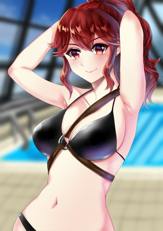 1girl alternate_costume anna_(fire_emblem) armpits arms_behind_head arms_up bangs bikini black_bikini black_swimsuit blurry blurry_background blush breasts closed_mouth collarbone commentary_request eyebrows_visible_through_hair fire_emblem hair_between_eyes indoors large_breasts lips long_hair looking_at_viewer navel pink_lips ponytail pool red_eyes redhead rei_no_pool sideboob sidelocks smile solo swimsuit tara_(szzj7733) upper_body