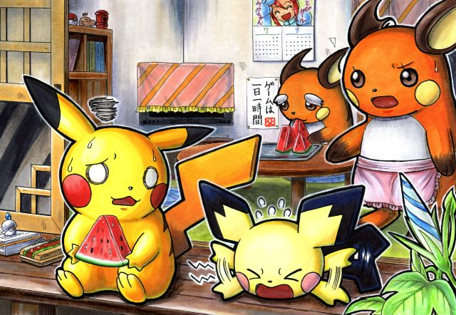 &gt;_&lt; apron bookshelf calendar_(object) character_print commentary_request eating evolutionary_line eyelashes flying_sweatdrops itou_masanori no_humans o_o old open_mouth outline pichu pikachu pink_apron plant poke_ball poke_ball_(basic) pokemon pokemon_(creature) raichu sitting skyla_(pokemon) squiggle standing summer sweatdrop tantrum tray waist_apron watermelon_slice