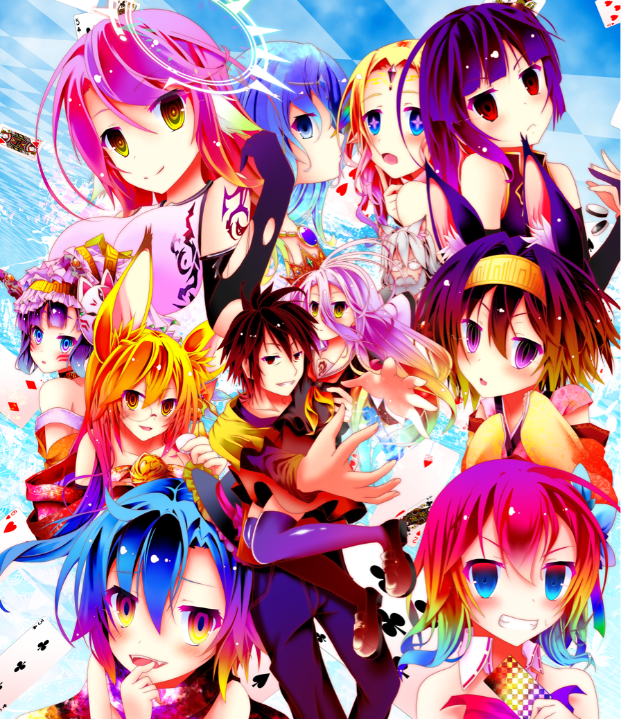 3boys 6+girls animal_ear_fluff animal_ears bare_shoulders beard blonde_hair blue_eyes blue_hair blush breasts bridal_gauntlets brown_eyes brown_hair card chess_piece clammy_zell commentary_request crown elf facial_hair fangs feel_nilvalen fox_ears fox_mask frown glasses gloves gradient_eyes gradient_hair grey_hair hairband halo hatsuse_ino hatsuse_izuna horou_(no_game_no_life) jewelry jibril_(no_game_no_life) laira_(no_game_no_life) large_breasts long_hair magic_circle mask mii_aki miko_(no_game_no_life) multicolored_eyes multicolored_hair multiple_boys multiple_girls no_game_no_life off_shoulder open_mouth otoko_no_ko pink_hair plum_(no_game_no_life) pointy_ears purple_hair red_eyes redhead school_uniform serafuku shiro_(no_game_no_life) shirt short_hair smile sora_(no_game_no_life) spiky_hair stephanie_dora symbol-shaped_pupils t-shirt tattoo thigh-highs very_long_hair wavy_hair wing_ears yellow_eyes