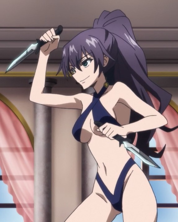 1girl akuma_no_riddle angry_smile bikini breasts closed_mouth clothing dual_knives dual_wielding female green_eyes holding holding_weapon knife large_breasts long_hair navel one-piece_swimsuit ponytail purple_hair slingshot_swimsuit smile swimsuit takechi_otoya tied_hair weapon