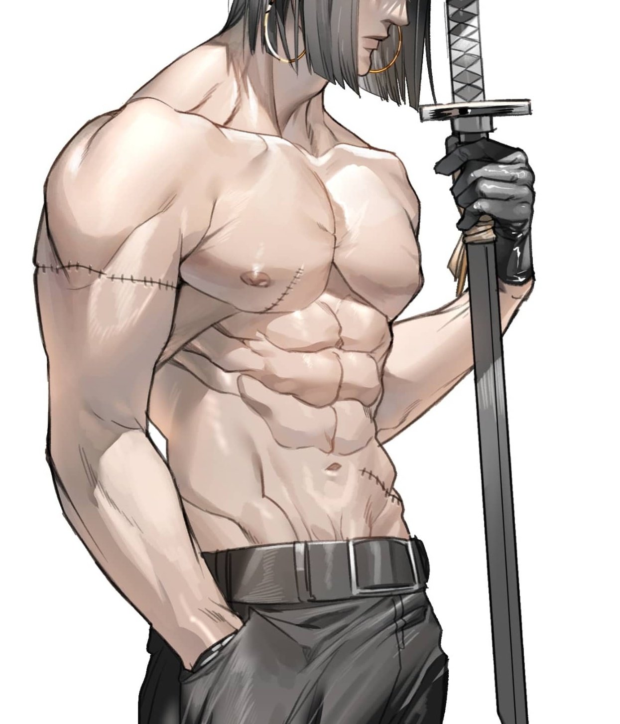 1boy abs belt black_gloves blunt_ends bob_cut closed_mouth copyright_request earrings from_side gloves hand_in_pocket head_out_of_frame highres holding holding_sword holding_weapon hoop_earrings jewelry korean_commentary lips male_focus mumu_086 muscular muscular_male navel nipples pants short_hair simple_background solo stitches sword topless_male upper_body weapon white_background