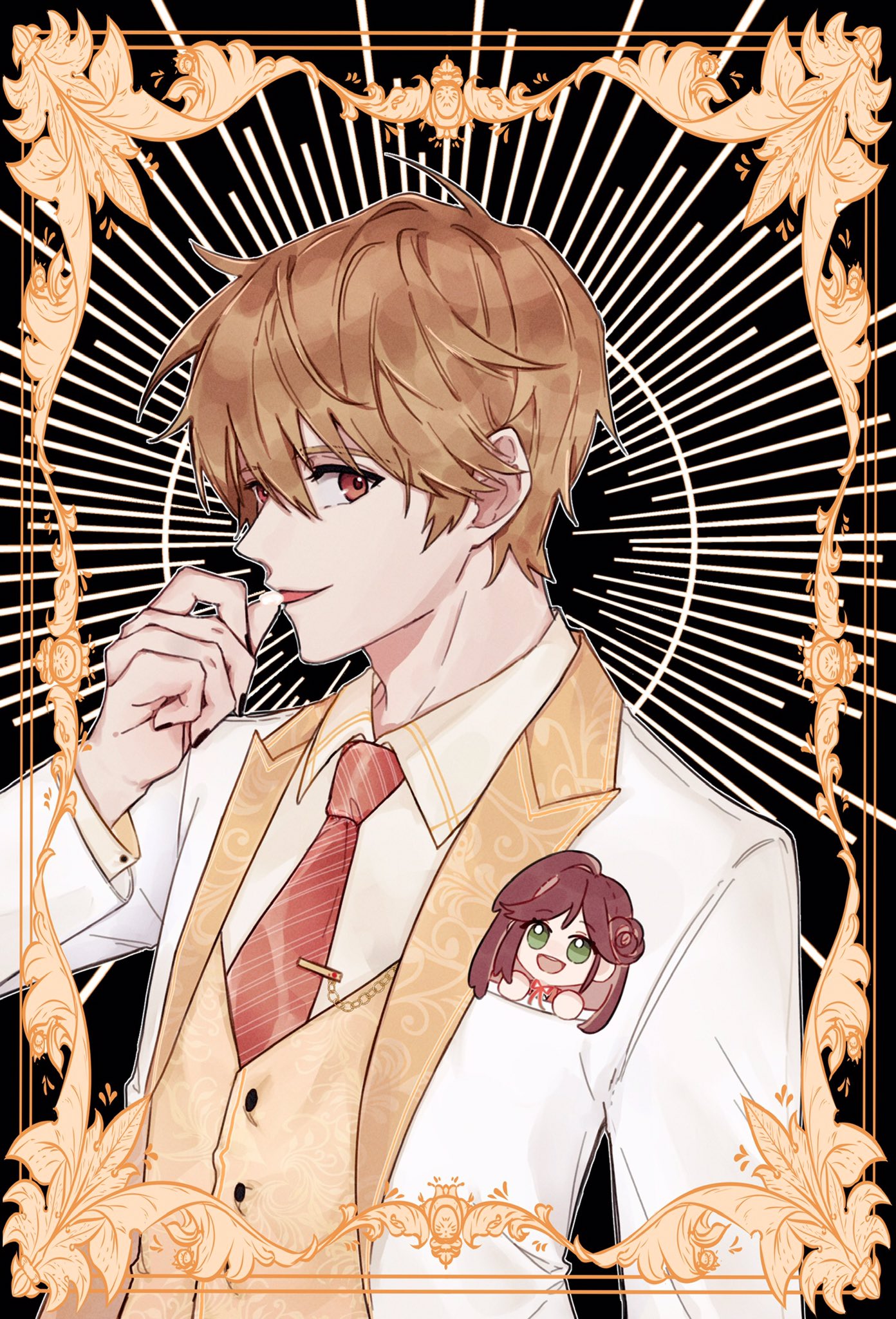 1boy :d bangs black_background black_nails border brown_eyes brown_hair charlie_kanojo doll formal highres jacket long_sleeves looking_at_viewer luke_pearce_(tears_of_themis) nail_polish necktie open_mouth orange_vest polo_shirt red_necktie rosa_(tears_of_themis) shirt short_hair smile solo tears_of_themis vest white_jacket white_shirt