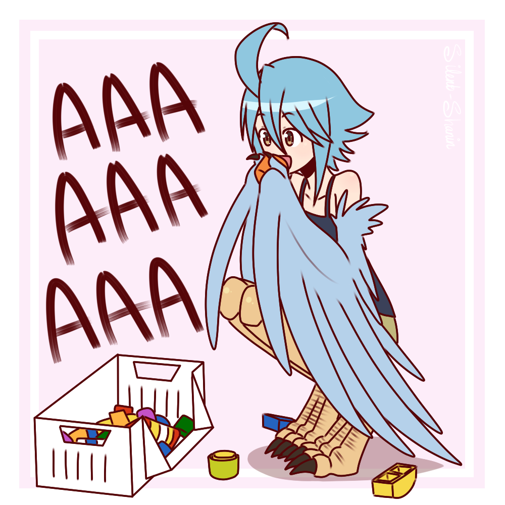 1girl ahoge bird_legs block blue_hair blue_wings claws commentary cup digitigrade english_commentary eyebrows_visible_through_hair feathered_wings feathers harpy holding holding_cup monster_girl monster_musume_no_iru_nichijou papi_(monster_musume) pink_background screaming short_hair silent-shanin solo squatting talons tank_top toy two-tone_background white_background winged_arms wings yellow_eyes