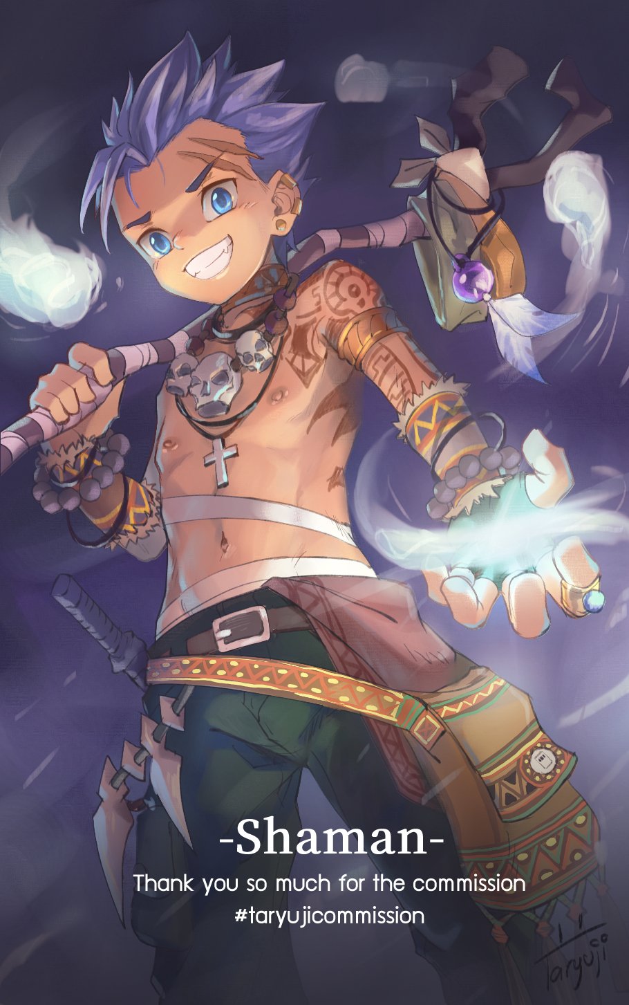 1boy artist_request bare_tree blue_eyes commentary commission cross english_commentary highres magic male_focus navel original purple_hair shaman skull_belt smile solo tattoo teeth tree