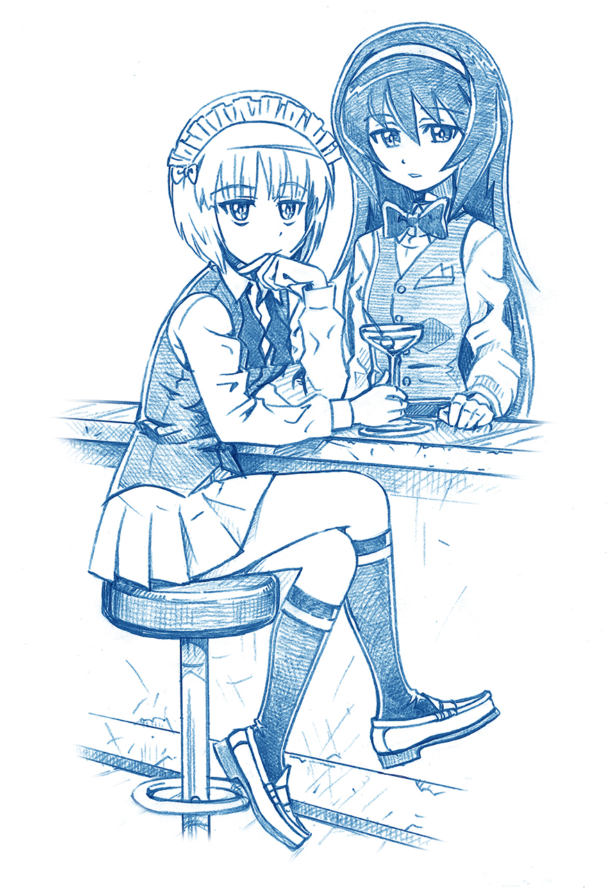 2girls bar_stool bartender bbb_(friskuser) blue_theme bow bowtie cocktail_glass commentary_request counter crossed_legs cup cutlass_(girls_und_panzer) drinking_glass eyebrows_visible_through_hair girls_und_panzer hair_between_eyes hairband highres loafers long_hair long_sleeves looking_at_viewer maid_headdress martini monochrome multiple_girls olive photoshop_(medium) pleated_skirt reizei_mako revision shadow shoes short_hair sitting skirt smile socks stool untied vest white_background