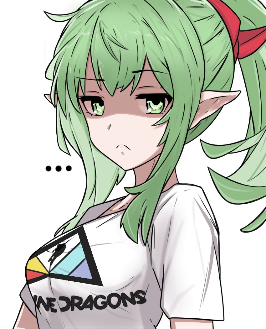 ... 1girl fire_emblem fire_emblem:_mystery_of_the_emblem fire_emblem:_shadow_dragon_and_the_blade_of_light fire_emblem_awakening green_eyes green_hair group_name long_hair pointy_ears ponytail shaded_face shirt simple_background solo t-shirt thigh_high_tavi tiki_(fire_emblem)