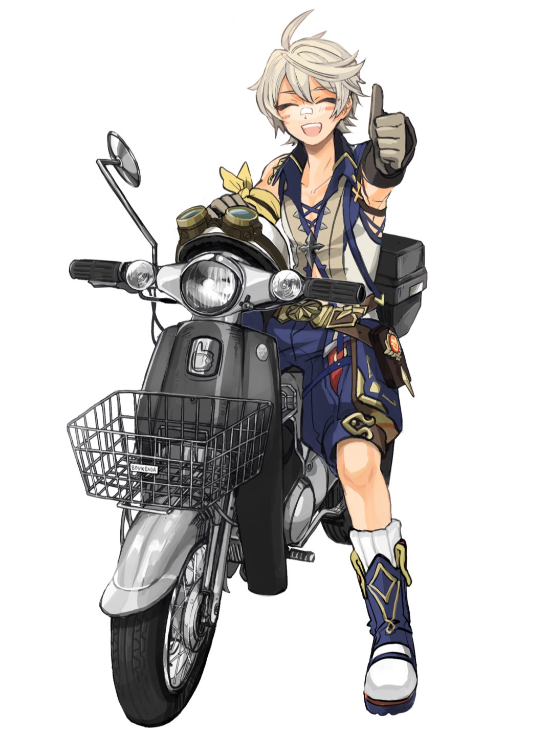 1boy ahoge bennett_(genshin_impact) closed_eyes genshin_impact gloves grey_hair ground_vehicle headwear_removed helmet helmet_removed highres male_focus motor_vehicle motorcycle short_hair smile solo tapio668 thumbs_up