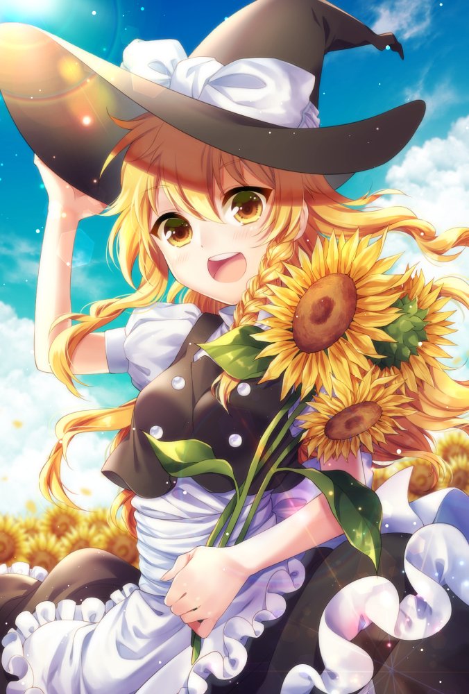 1girl :d apron arm_up bangs black_dress black_headwear black_skirt black_vest blonde_hair blue_sky blurry blurry_background blush bow braid breasts buttons clouds commentary_request day dress feet_out_of_frame flower frilled_skirt frills garden_of_the_sun hair_bow hair_ribbon hand_on_headwear happy hat kirisame_marisa kirisita long_hair open_mouth outdoors petticoat puffy_short_sleeves puffy_sleeves ribbon short_sleeves single_braid skirt sky small_breasts smile solo standing sunflower teeth tongue touhou tress_ribbon upper_teeth vest waist_apron white_apron witch_hat yellow_eyes yellow_flower