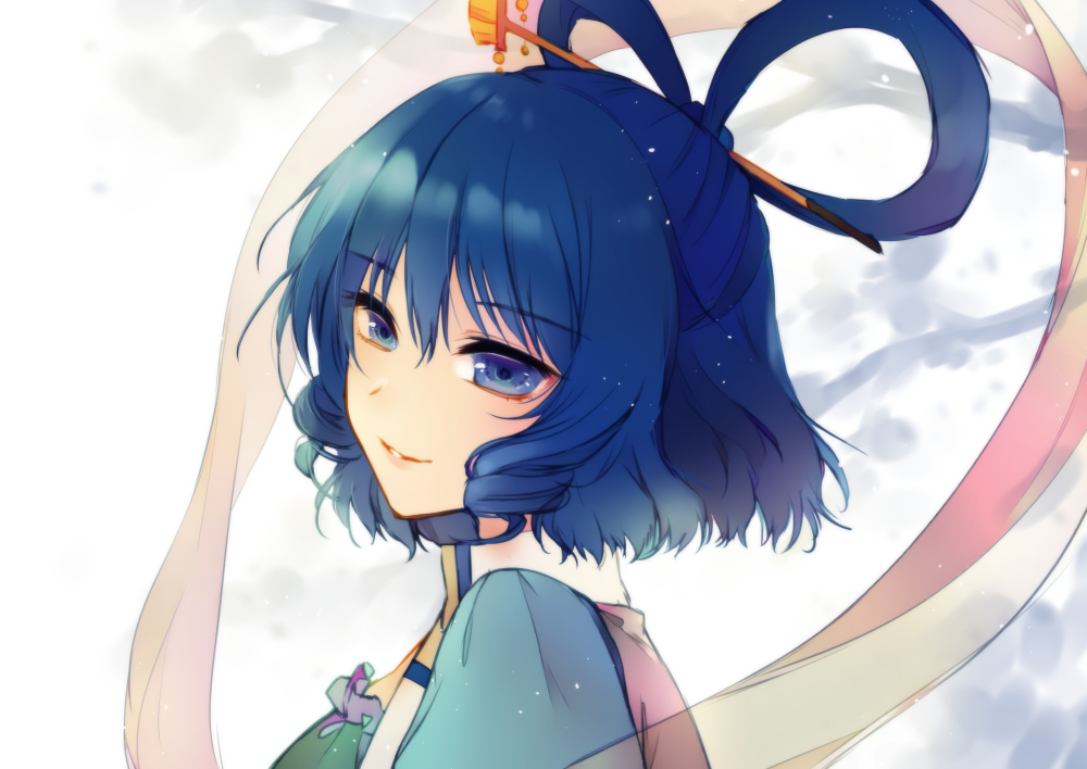 1girl aqua_dress bangs blue_eyes blue_hair blush closed_mouth commentary_request dress drill_hair eyelashes frills hagoromo hair_ornament hair_rings hair_stick kaku_seiga kirisita lips looking_at_viewer looking_back one-hour_drawing_challenge profile puffy_short_sleeves puffy_sleeves shawl short_hair short_sleeves silhouette smile solo standing touhou tree upper_body vest white_background white_shawl white_vest wing_collar